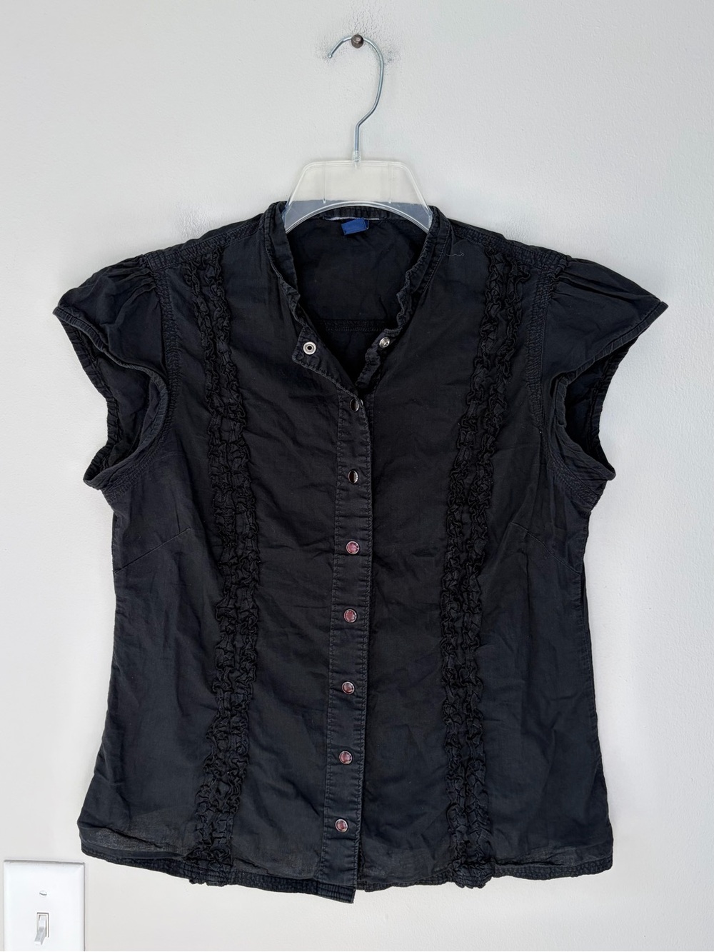 Bandolinoblu Y2K Black Short Sleeve Button Up Ruffle Blouse Top Femme Whimsigoth